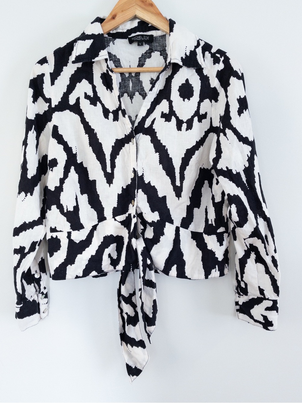 Rachel Zoe Black & Off White Linen Blend Abstract Print Blouse Artsy Lagenlook L